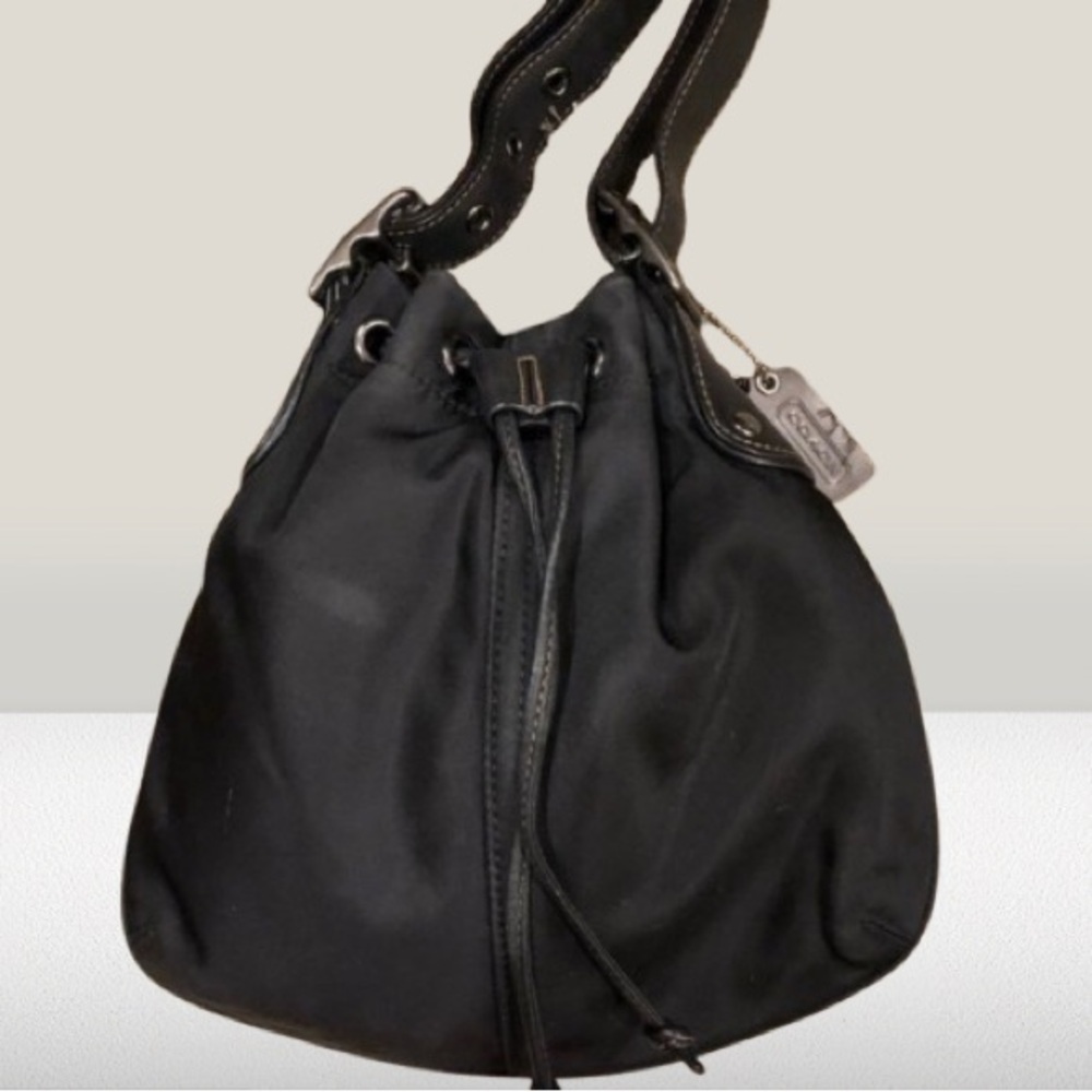 Vintage Coach Leather and Nylon Drawstring Hobo Bag - Gunmetal Hardware Y2K Rare - Picture 3 of 14